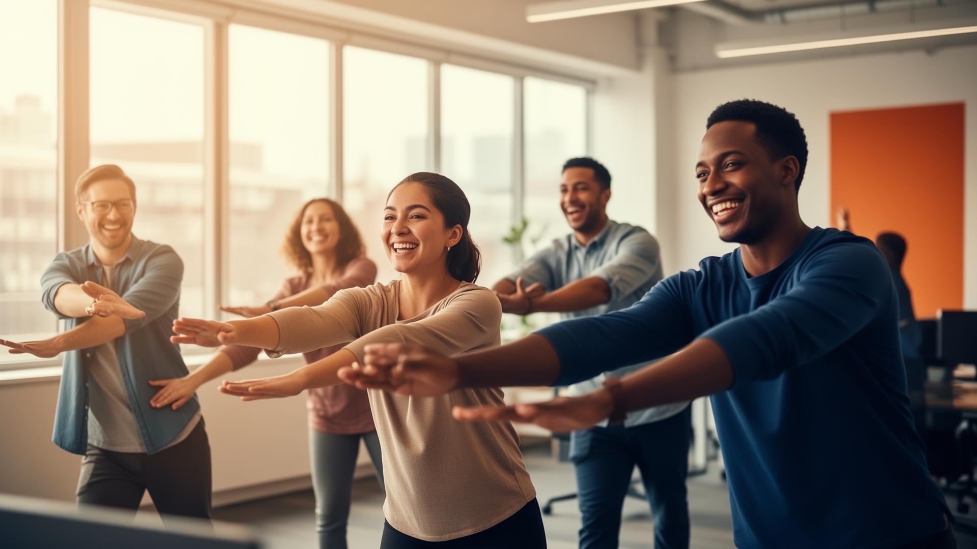 Salariés souriants en pleine séance bien-être au bureau